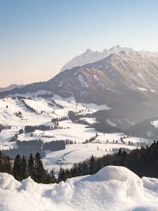 Schneebedeckte Alpenlandschaft mit bewaldeten Hügeln und fernem Gebirgszug bei Sonnenaufgang